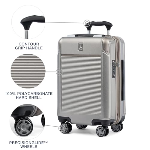 Travelpro Platinum Elite Hardside Expandable Carry on Luggage, 8 Wheel Spinner, TSA Lock, Hard Shell Polycarbonate Suitcase, Metallic Sand, Compact Carry on 20-Inch