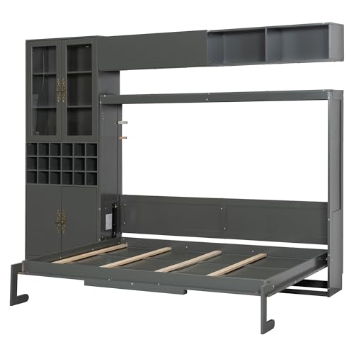 Merax Queen Size Murphy Bed Wall Bed with Sofa, Shelves, USB & Light - Space Saving Foldable Bed for Small Apartments, Grey