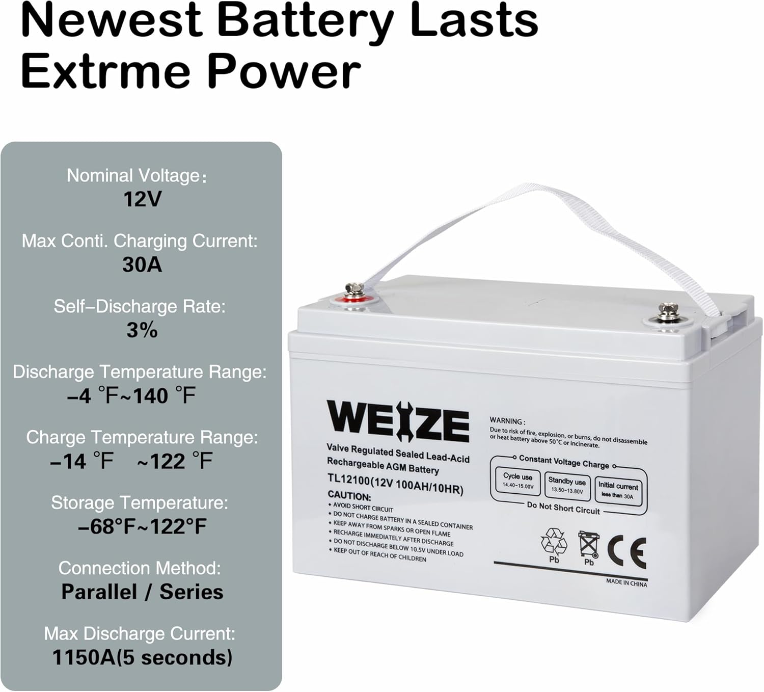 Weize New 12 Volt 100Ah AGM Battery Deep Cycle, Maintenance-Free, 3% Self-Discharge Rate, 1150A Max Discharge Current, for RV, Solar, Trolling Motor, Marine, Camping and Off-Grid System, Light Grey