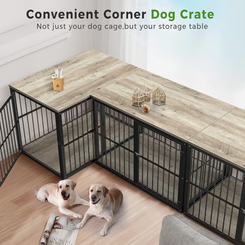 86.62''Dog Crate Furniture Large Breed TV Stand with Double Rooms,Wooden Dog Kennel Dog Crate End Table with Removable Divider for Large Medium Dogs, Can Use Separately, Brown