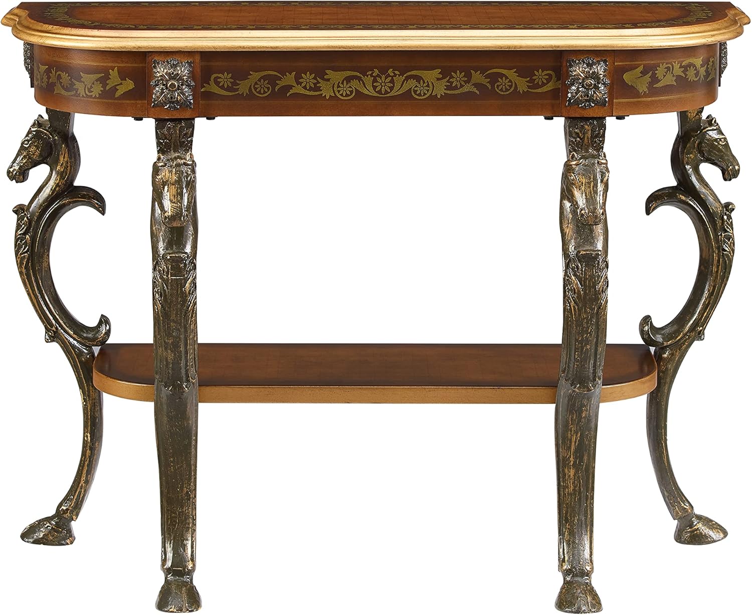 Powell Furniture Masterpiece Floral Demilune Powell Console Table, Brown and Gold 42 x 31.5 x 15.5