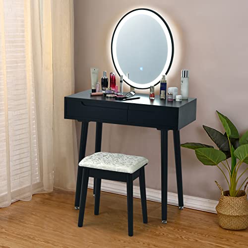AUGESTER Vanity Set w/Screen Touch Mirror, Makeup Dressing Table w/ 3 Modes Adjustable Brightness Mirror, Cushioned Stool, 2 Sliding Drawers w/Divider, Modern Bedroom Vanity for Girls Women (White)