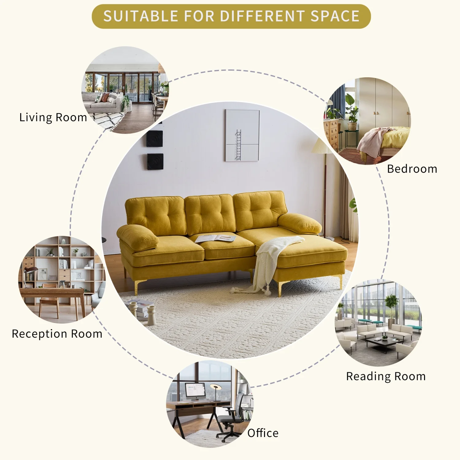 Churanty Modern 3 Seater Sectional Sofa with Chaise,Velvet L Shape Sofa Couch with Gold Legs for Living Room Bedroom,Yellow