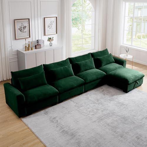 Corduroy L Shaped Sofa Couch 157.5" Brown Comfy Modular Couch Oversized Couch with Storage Ottoman Cloud Couch 4 Seater Extra Deep Sofa Couch,Sectional Couches for Living Room