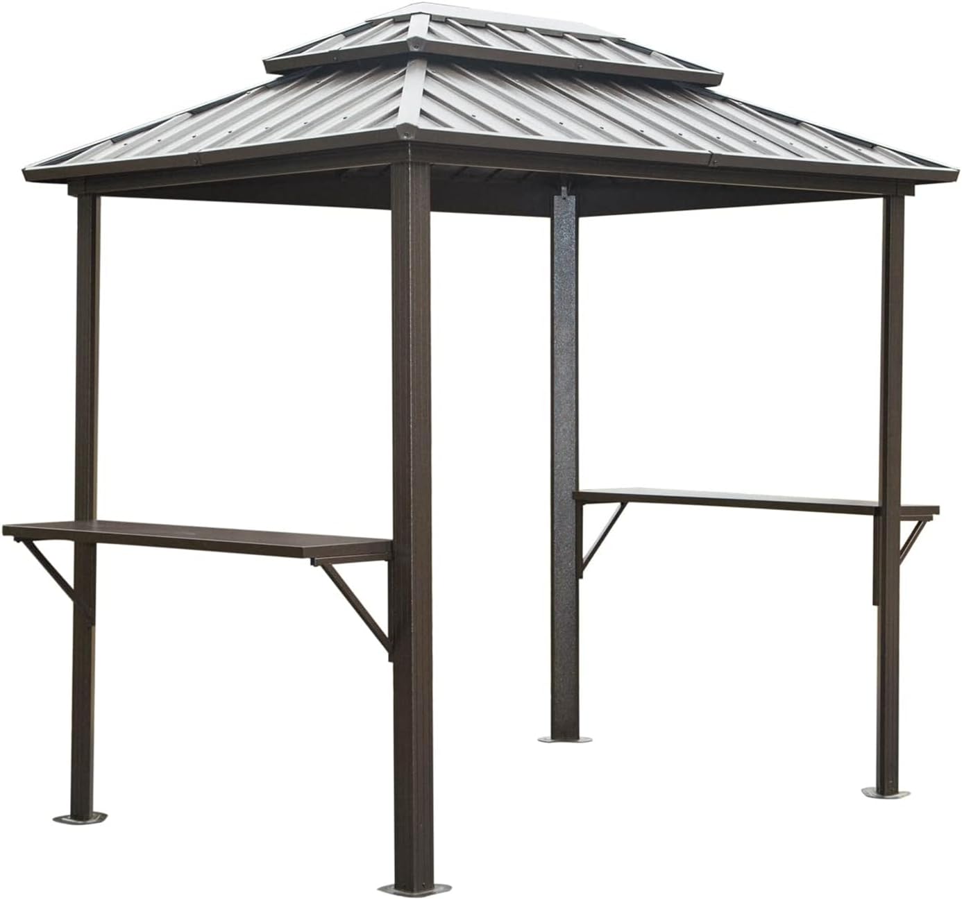 Grill Gazebo 8x6Ft Aluminum BBQ Gazebo Outdoor Metal Frame with Shelves Serving Tables, Permanent Double Roof Hard top Gazebos for Patio Lawn Deck Backyard and Garden(Brown)