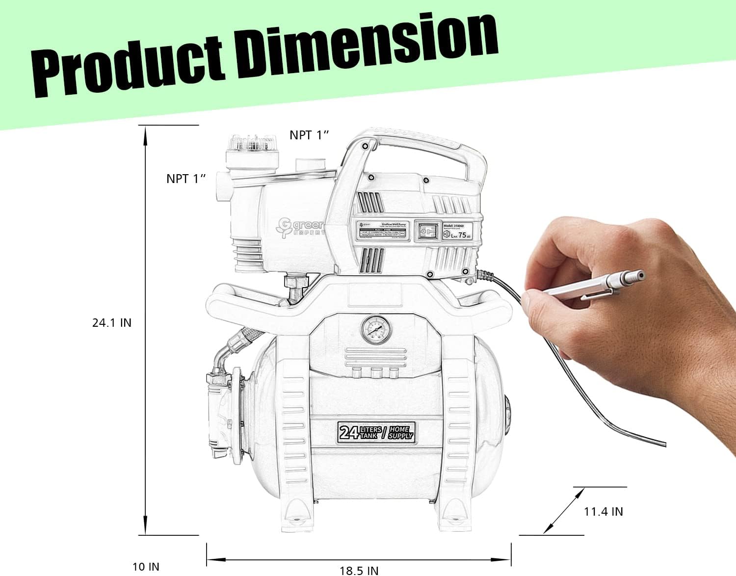 Green Expert 1/2HP Shallow Well Pump Max Head 125FT Unique Filter Design Water Storage Tank Pre-Set 20/45psi Pressure Switch Automatic Booster System for Household Pressurization Garden Irrigation