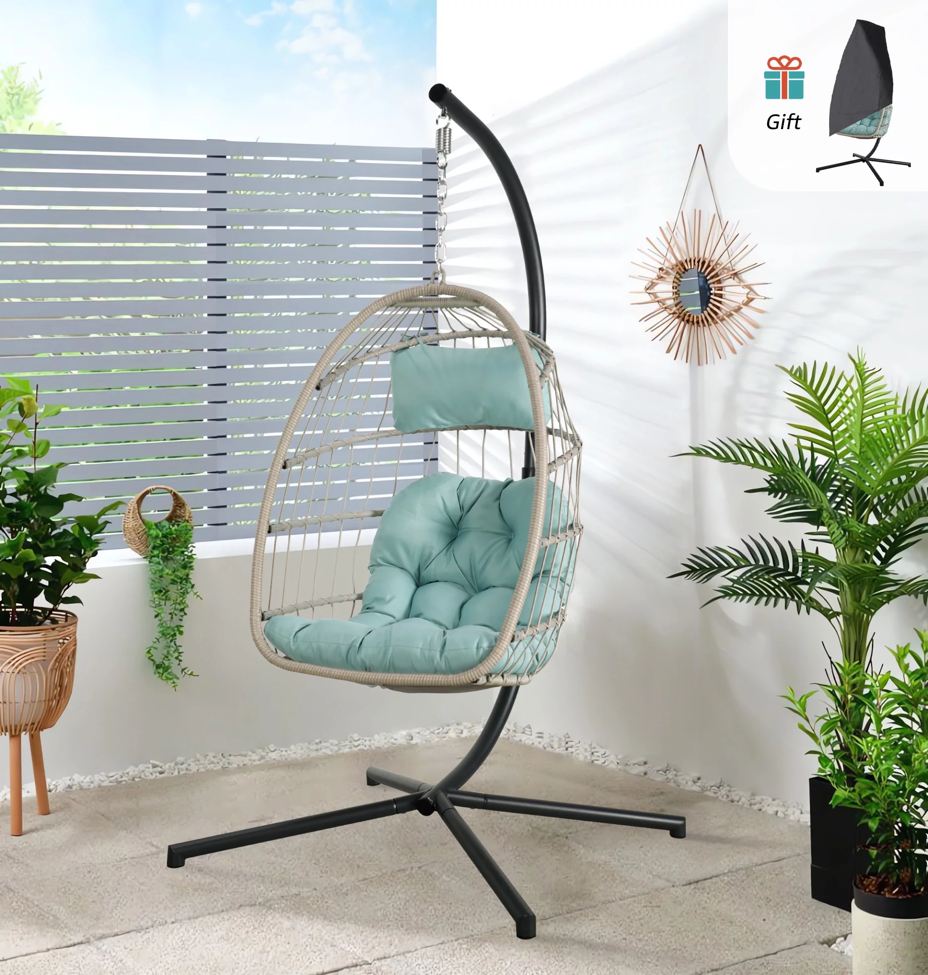 OC Orange-Casual Egg Chair with Stand and Cover, Patio Wicker Hanging Swing Chair, Indoor & Outdoor, Baby Blue