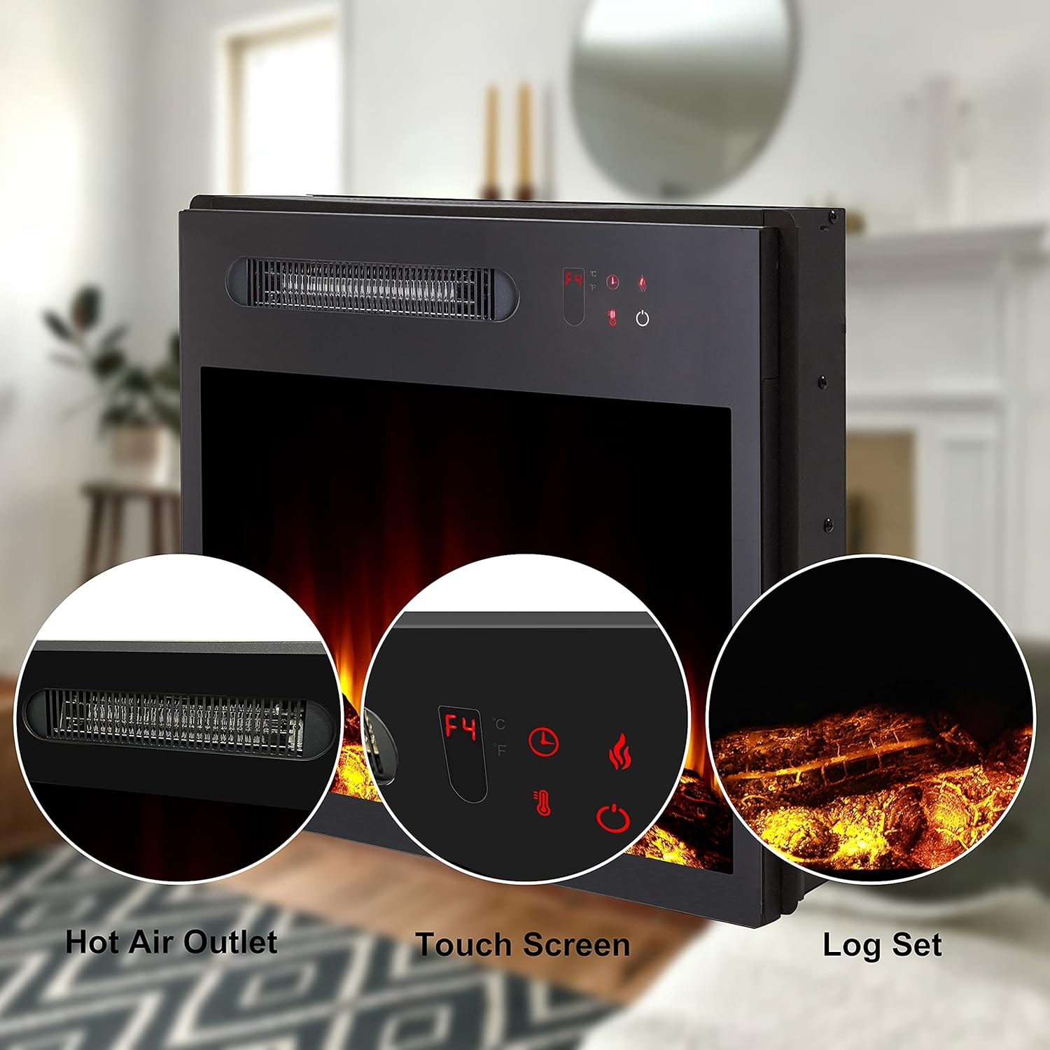 MOCIFI 23 inch Built-in Electric Fireplace Insert Heater,Low Noise,Remote Control,Touch Control Screen,Adjustable Flame Brightness and Speed,1500W,Black