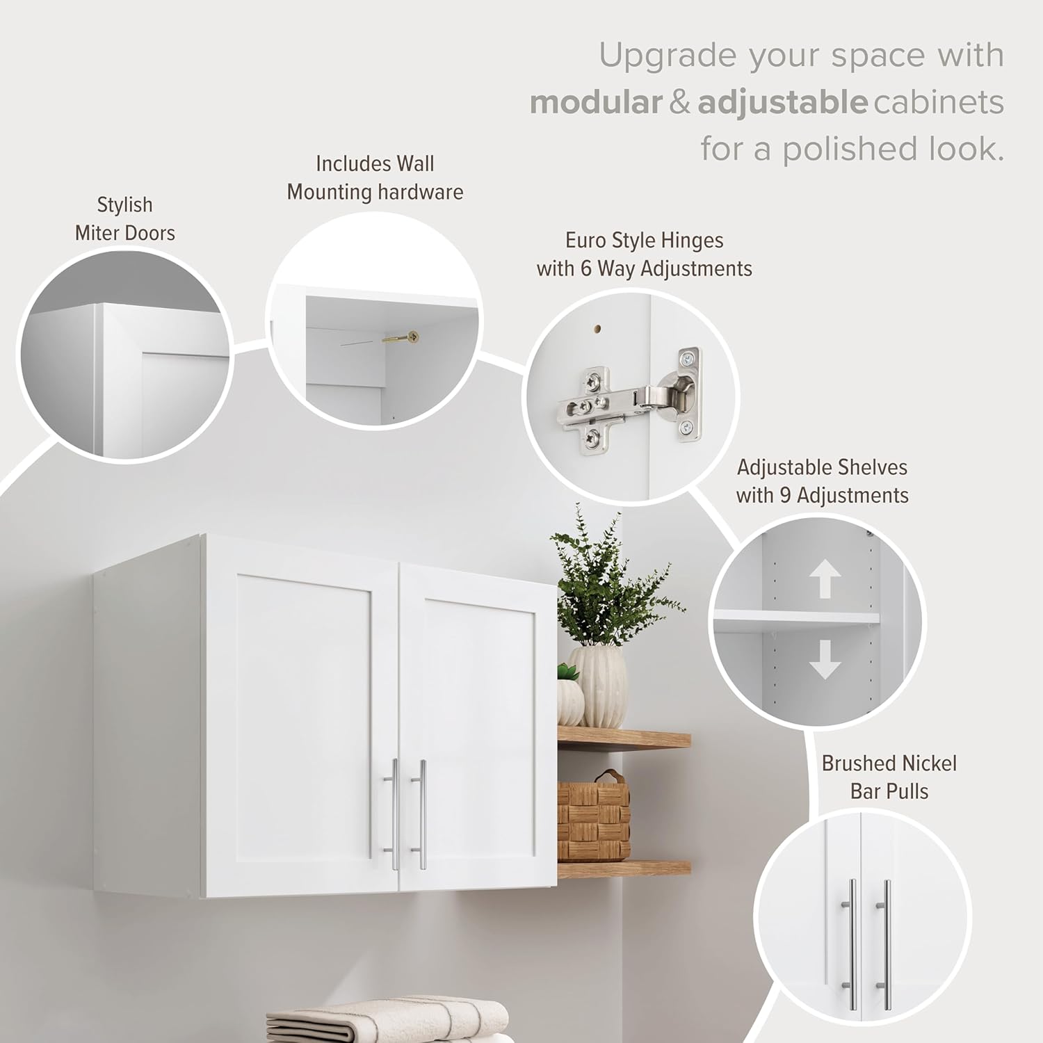 Prepac Elite 6 Piece Panel Doors Closet Organizer System, White Set, Bathroom, Pantry Wall and 3 Storage Cabinets, 16.75" D x 96" W x 89" H