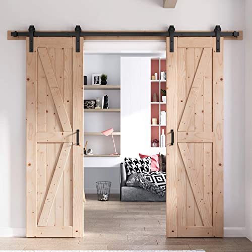 FREDBECK 48in x 80in Sliding Wood Barn Door with 8FT Barn Door Hardware Kit Included K Shape Solid Spruce Panel Sliding Door Double Surfaces Need to Assembly
