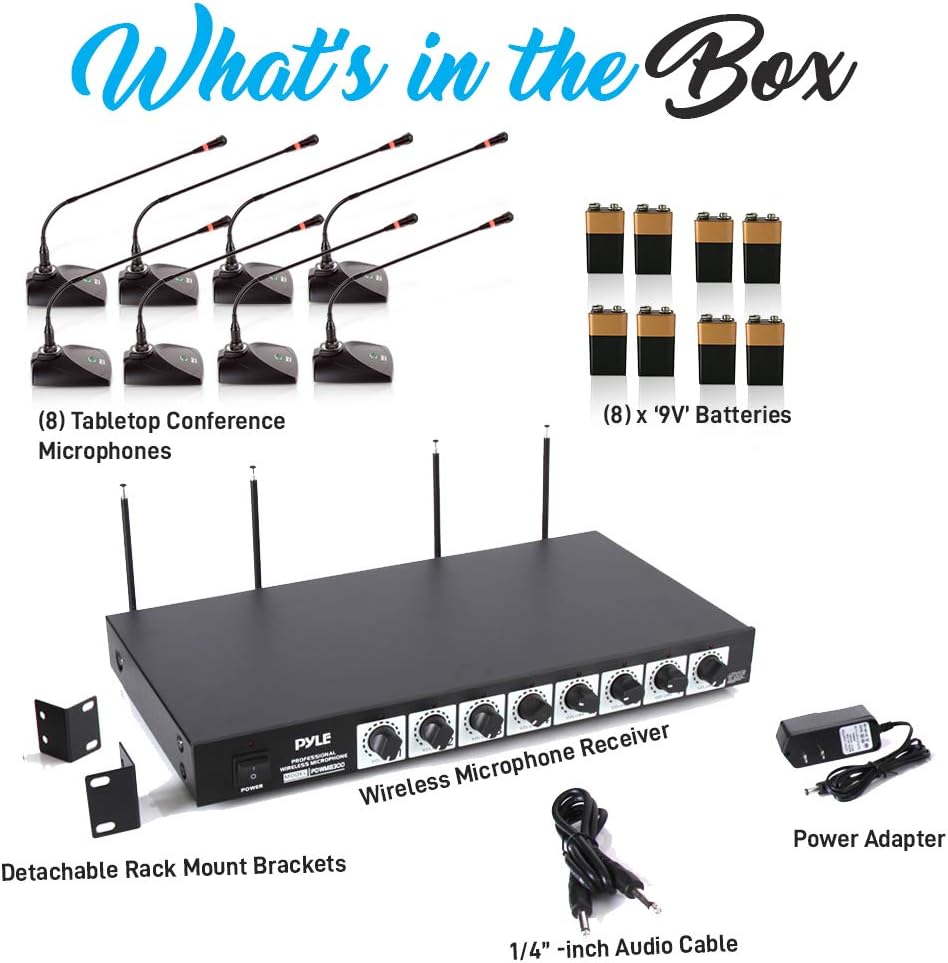 8 Channel Conference Microphone System - UHF Desktop, Table Meeting Wireless Microphones & Receiver w/ 8 Gooseneck Mics, Rack Mountable & LED Audio Signal Indicator Lights - Pyle PDWM8880