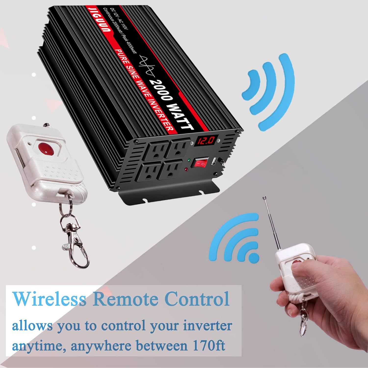 JIGUUN 2000 Watt Pure Sine Wave Inverter, Power Converter 12V DC to 110V/120V AC, Car Inverter with 4 AC Outlets&USB Port 170ft Wireless Remote Control for RV CPAP Camping-Peak 4000 Watt(2000W-12V)