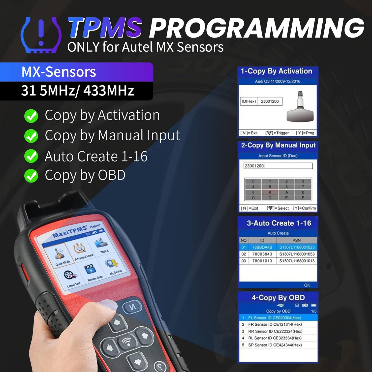 Autel MaxiTPMS TS508WF Kit TPMS Tool, 2024 Newest TPMS Relearn Tool with 4PCS 315+433MHz Sensors, Updated of Autel TS408/TS508, Top TPMS Scanner for TPMS Reset/Activation/Program, Program MX-Sensors