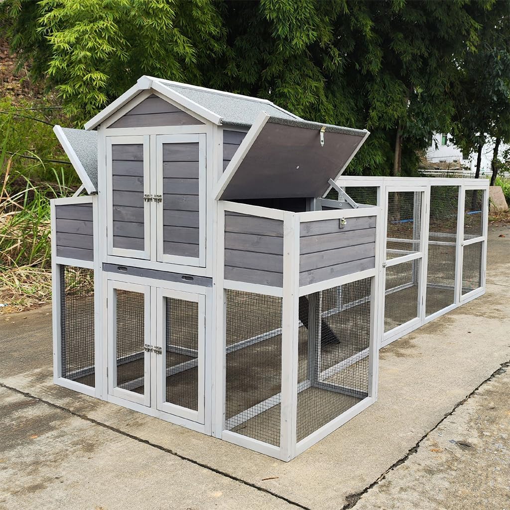 Chicken Coop 150" Extra Large Wooden Hen House, Outdoor Backyard Poultry Cage with Run, Chicken Nesting Box, Pull Out Trays and Anti-Slip Asphalt Ramp, Deluxe Wood Chicken Coops for 6-10 Chickens