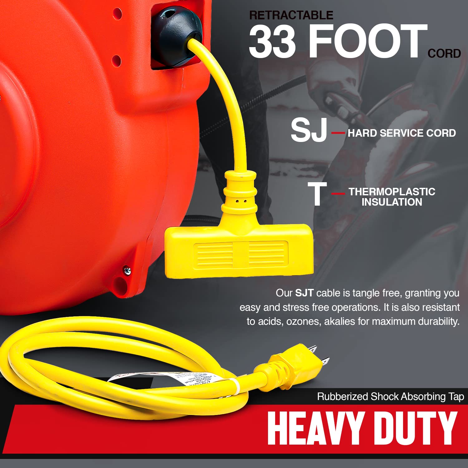 Reelworks Extension Cord Reel Retractable Polypropylene Heavy Duty Industrial 33 FT 16AWG 3C SJT Commercial Premium Grade Ultra Flexible Cable (S3) Triple Tap Connector Perfect for Indoor/Outdoor Use