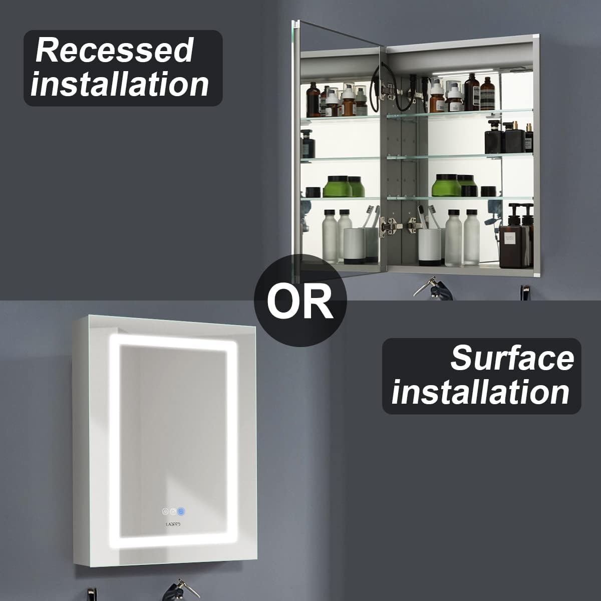 26 x 20 Inch Led Medicine Cabinet Outlet, Lighted Medicine Cabinets for Bathroom with Mirror, Recessed or Surface Wall Mounted, Defogger, Dimmer, Glass Door Cabinet with Single Door