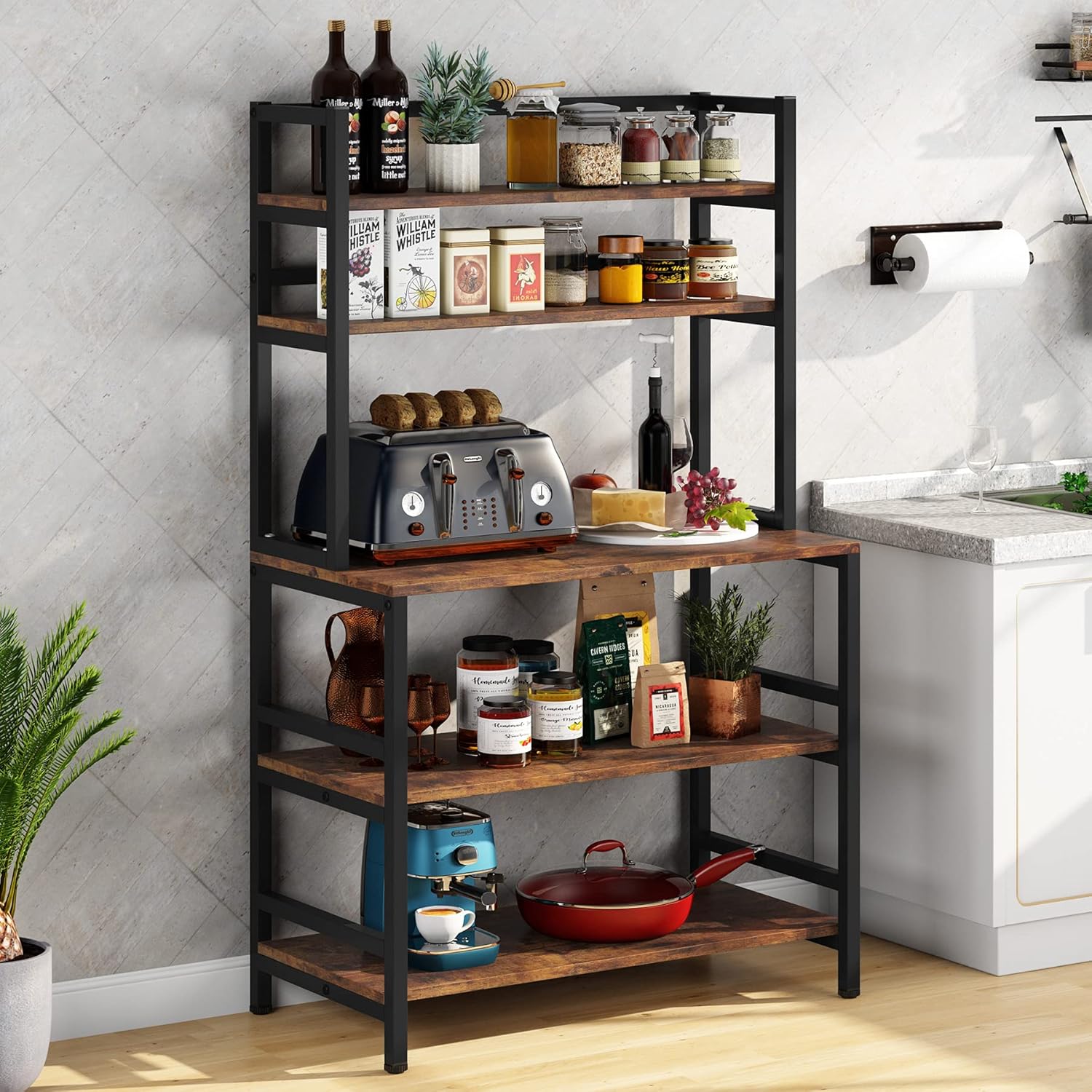 Tribesigns Bakers Rack with Hutch, Microwave Oven Stand, 5-Tier Kitchen Utility Storage Shelf, Height Free Standing Kitchen Organizer for Spices, Pots, Pans and Oven (Black)