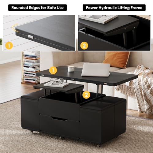 homary Black Lift-Top Coffee Table with Hidden Storage, 3-in-1 Modern Folding Center Table with 4 Stools, Casters, and Lockable Wheels – Convertible Dining & Office Table for Living Room
