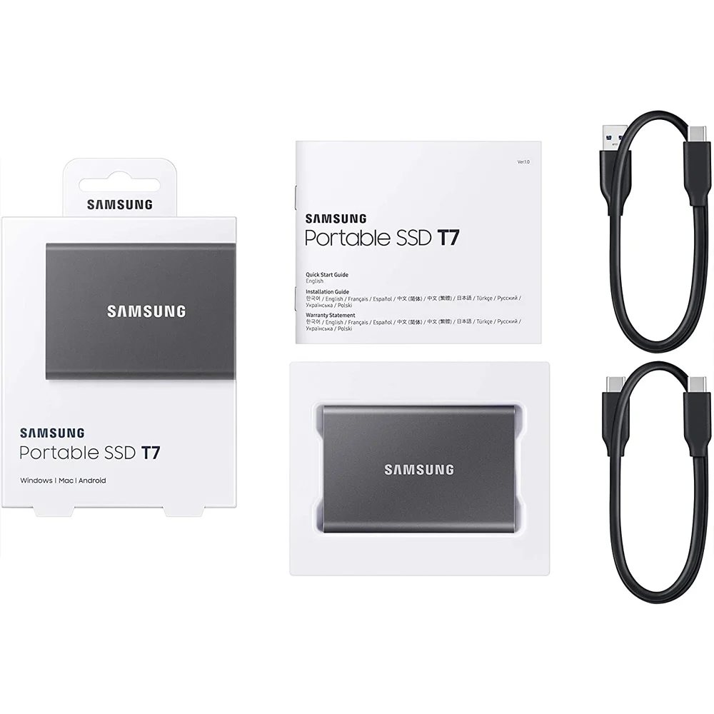 Samsung MU-PC2T0T/AM Portable SSD T7 USB 3.2 2TB Gray Bundle with Lexar PLAY 1TB microSDXC UHS-I Memory Card and Deco Photo 6 x 6 inch Microfiber Cleaning Cloth