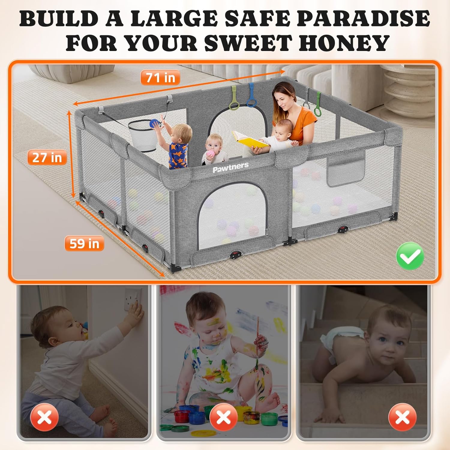 Foldable Playpen for Babies and Toddlers: 71"L x 59"W x 27"H, Large Kids Playpen, Portable Baby Play Yard for Indoor and Outdoor Play Area, Baby Gate Playpen with 50PCS Ocean Ball, 4 Handles, 1 Basket