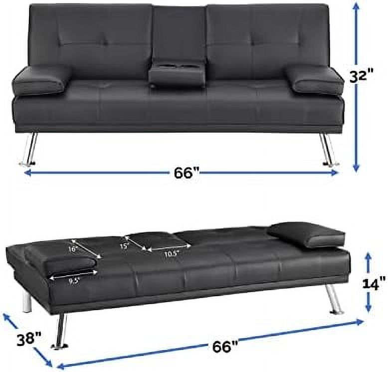 TJUNBOLIFE Black Futon Sofa Bed  Faux Leather Futon Couch  Black Sofa Bed Couch Convertible with Wooden Legs  Pull Out Sofa Bed  Reclining Small Couch Bed  Folding Futon Bed for Living Ro