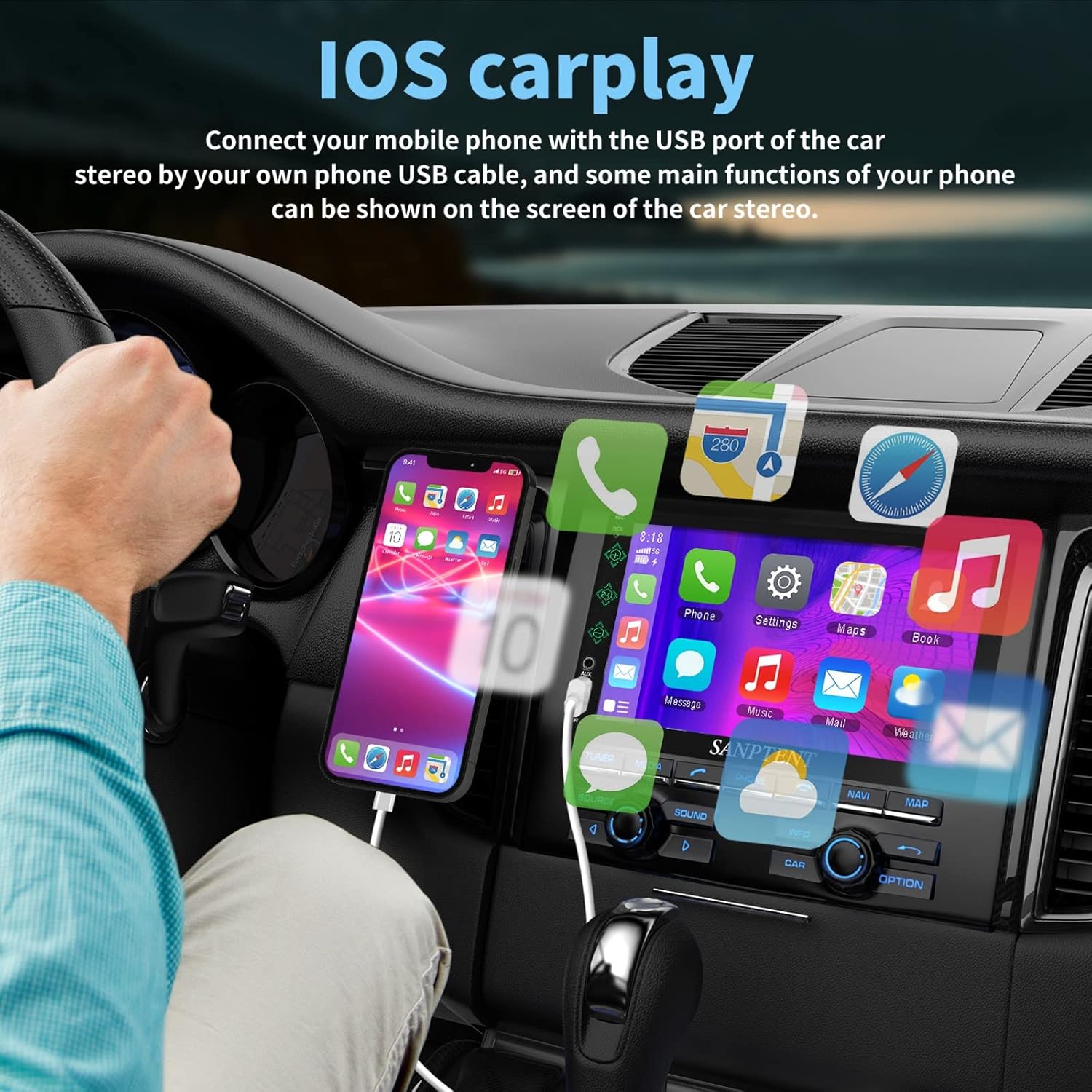 SANPTENT Double Din Car Stereo, 7-Inch Touch Screen, Compatible with iOS Carplay/Android Auto, Mirror Link, Bluetooth, Rear Camera, USB Port, Subwoofer, AM/FM Car Radio Audio Receiver