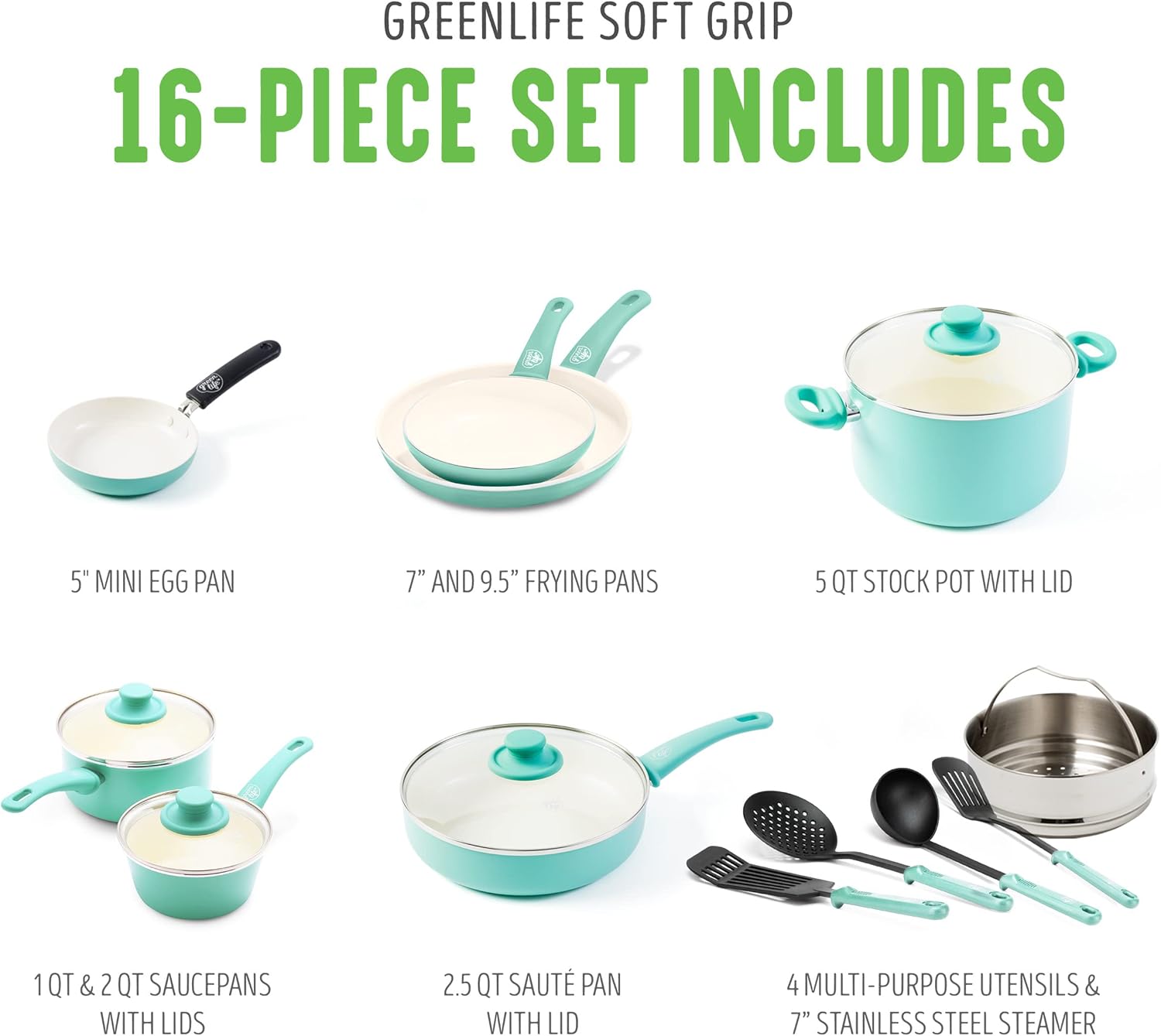 GreenLife Soft Grip Healthy Ceramic Nonstick 16 Piece Cookware Pots and Pans Set, Turquoise & Soft Grip Healthy Ceramic Nonstick, 11" Griddle Pan, Turquoise