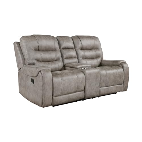 Lexicon Recliner Sofa for Living Room, Double Recliner RV Couch, Manual Wall Hugger Recliner Home Theater Seating Microfiber Reclining Sofa, 76.5''W Loveseat with Center Console, Grayish Brown