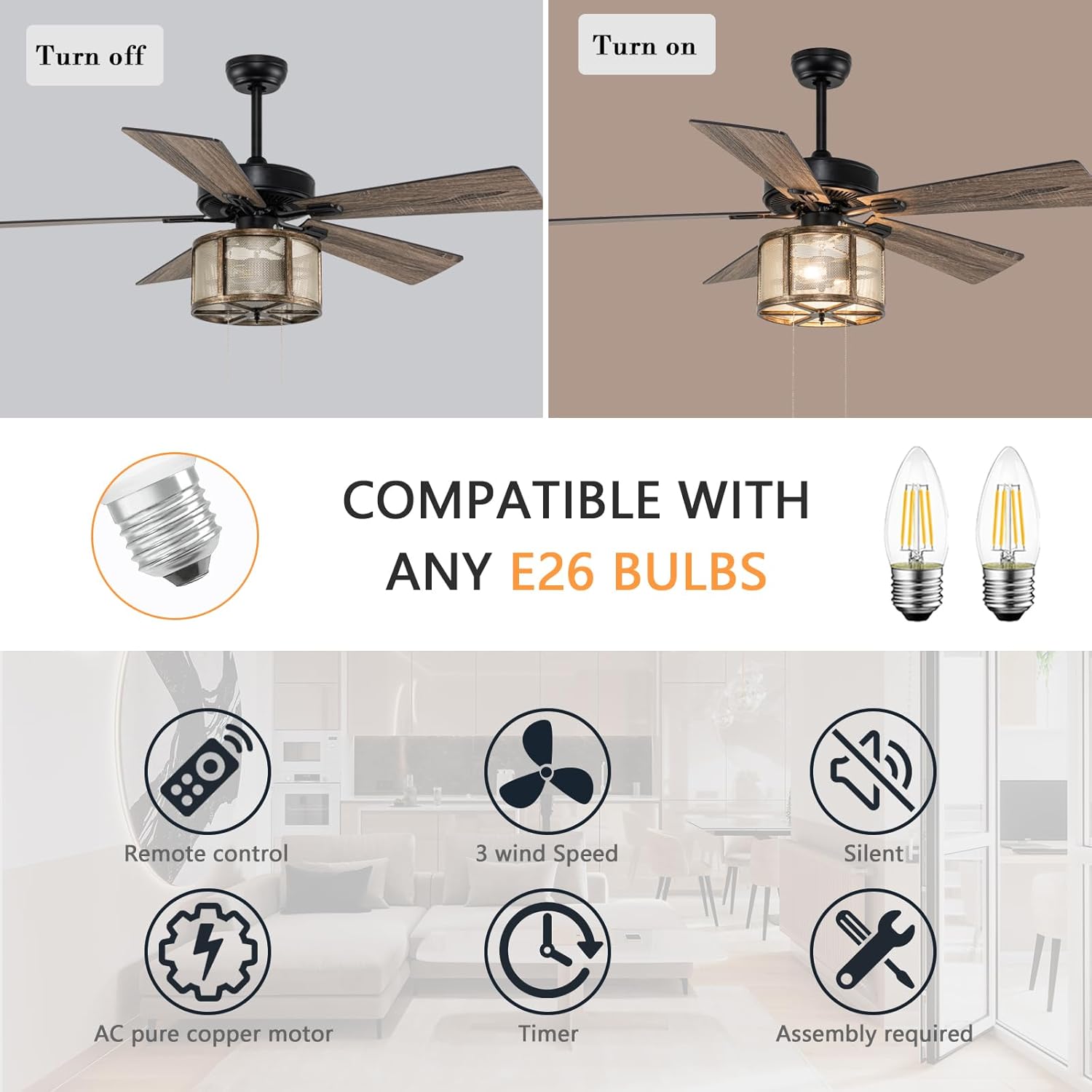 52”Farmhouse Ceiling Fan with Lights Remote Control, Caged Ceiling Fan with 5 Reverse Blades, Quiet Motor, 3 Speed Rustic Ceiling Fans for Living Room,Bedroom,Matte Black