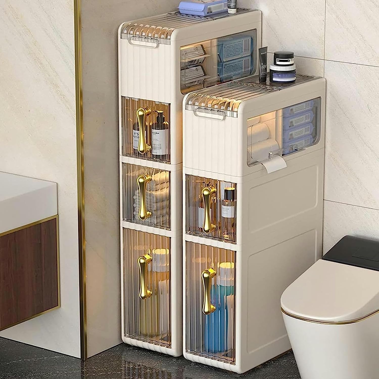 Bathroom Narrow Cabinet Small Bathroom Floor Storage Cabinet, Narrow Bathroom Organizer with Drawers and Wheels, Slim Toilet Paper Storage Cabinet for Small Space and Corner ()