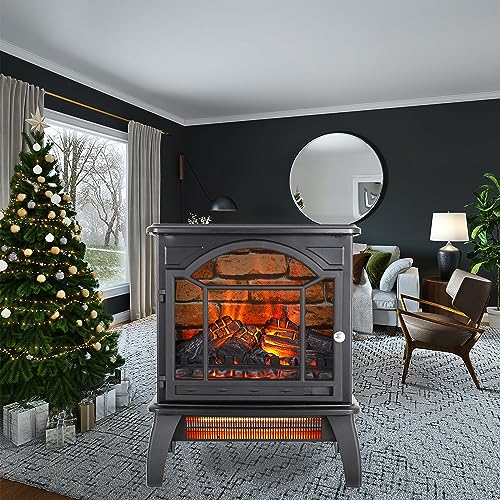 1500W Electric Fireplace,18” Infrared Freestanding 11 Temperature Mode Stove Heater for Indoor Use W/ 3D Realistic Flame,Firewood,Furnace Block Effect Background & Remote,Overheat Safety Protection