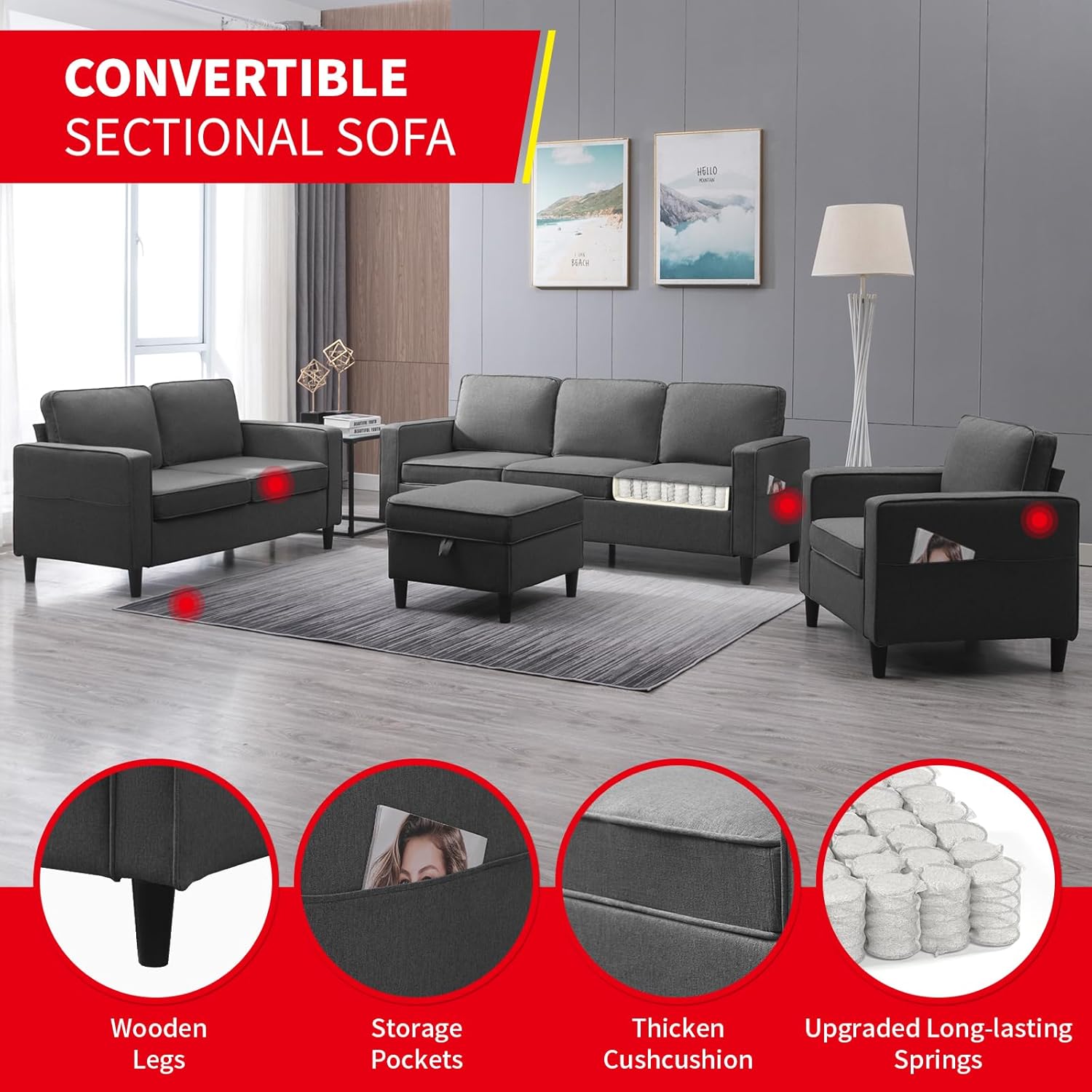 3 Piece Sofa Set Living Room Furniture Sets, Convertible Sectional Sofa Couch with Storage Ottoman, Modular Sectional Couch for Living Room,3-Seat Sofa +Ottoman+Loveseat+ Armchair (Dark Gray)