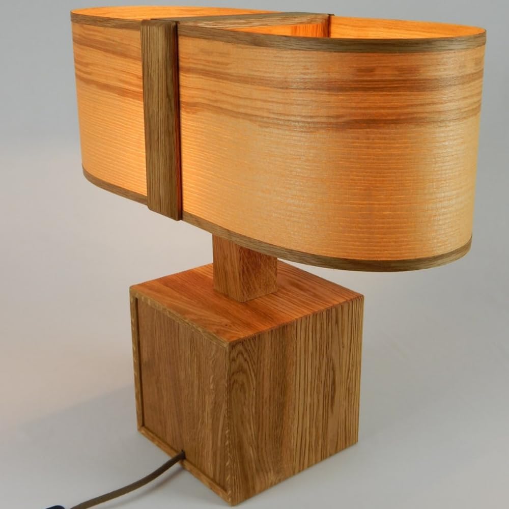 Table Lamp, Minimalist Lamp, Wood Bedside Lamp, Bedside Lamp, Wooden Lamp, Warm Light, Decorative Lamp, Veneer Lamp, 20"W x 18"H x 8"D, Night Light Lamp for Living Room, Wood Art, Oak, Olive Ash