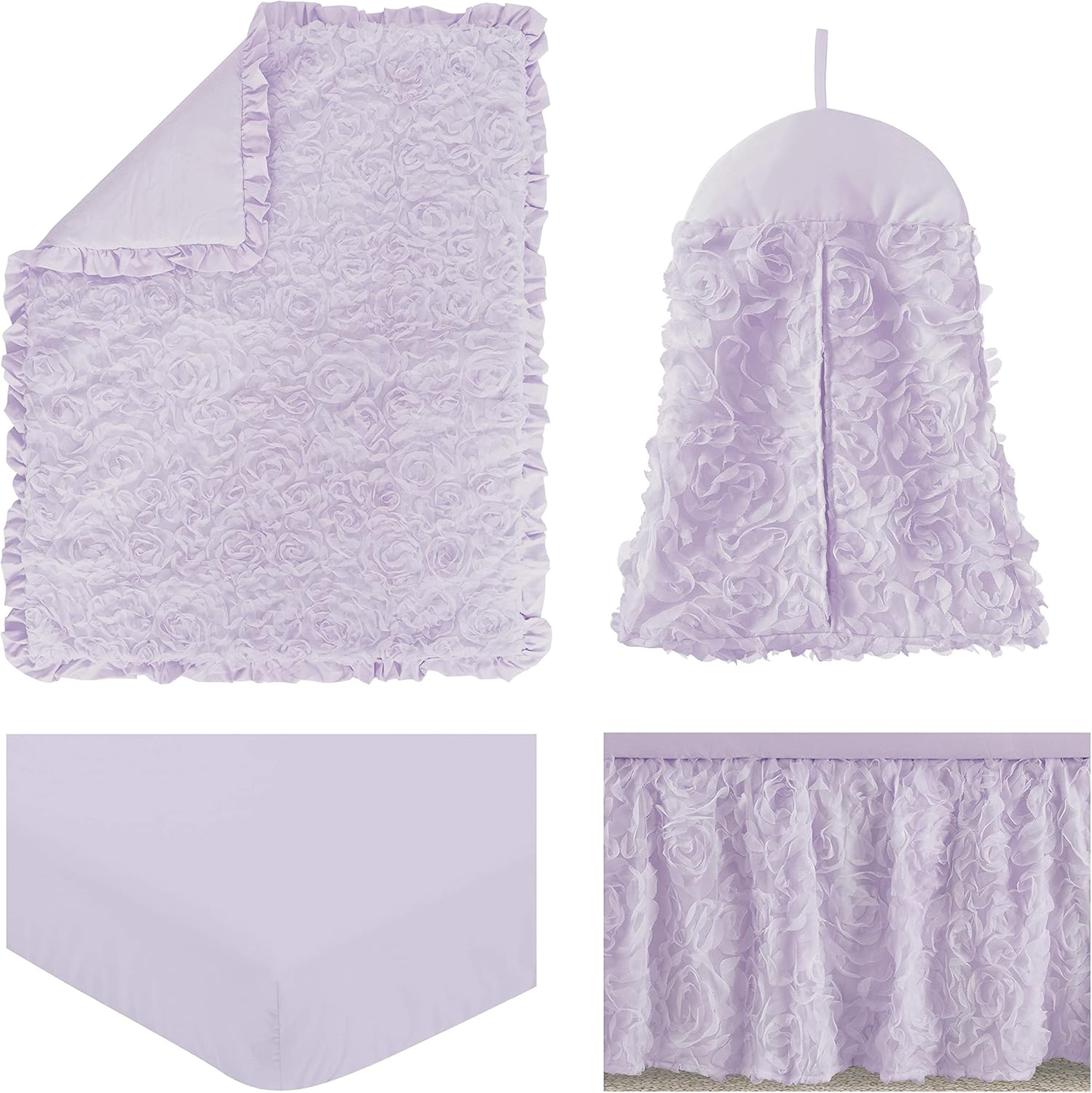 Sweet Jojo Designs Purple Floral Rose Baby Girl Nursery Crib Bedding Set - 4 pieces - Solid Light Lavender Flower Luxurious Elegant Princess Vintage Boho Shabby Chic Luxury Glam High End Ruffle Roses