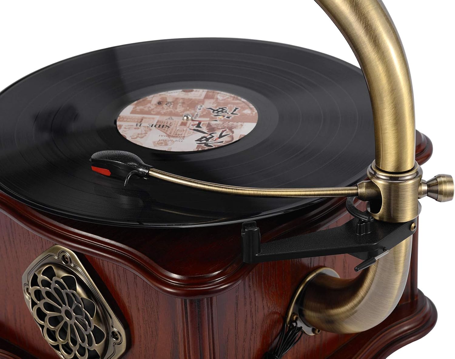 Wooden Phonograph Gramophone Turntable Vinyl Record Player Speakers Stereo System Control 33/45 RPM CD FM AUX USB Ouput Bluetooth 4.2