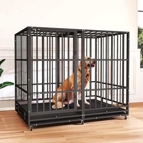 48 Inch Heavy Duty Indestructible Dog Crate Steel Escape Proof, Indoor Double Door High Anxiety Cage, Kennel with Wheels, Removable Tray, Extra Large XL XXL