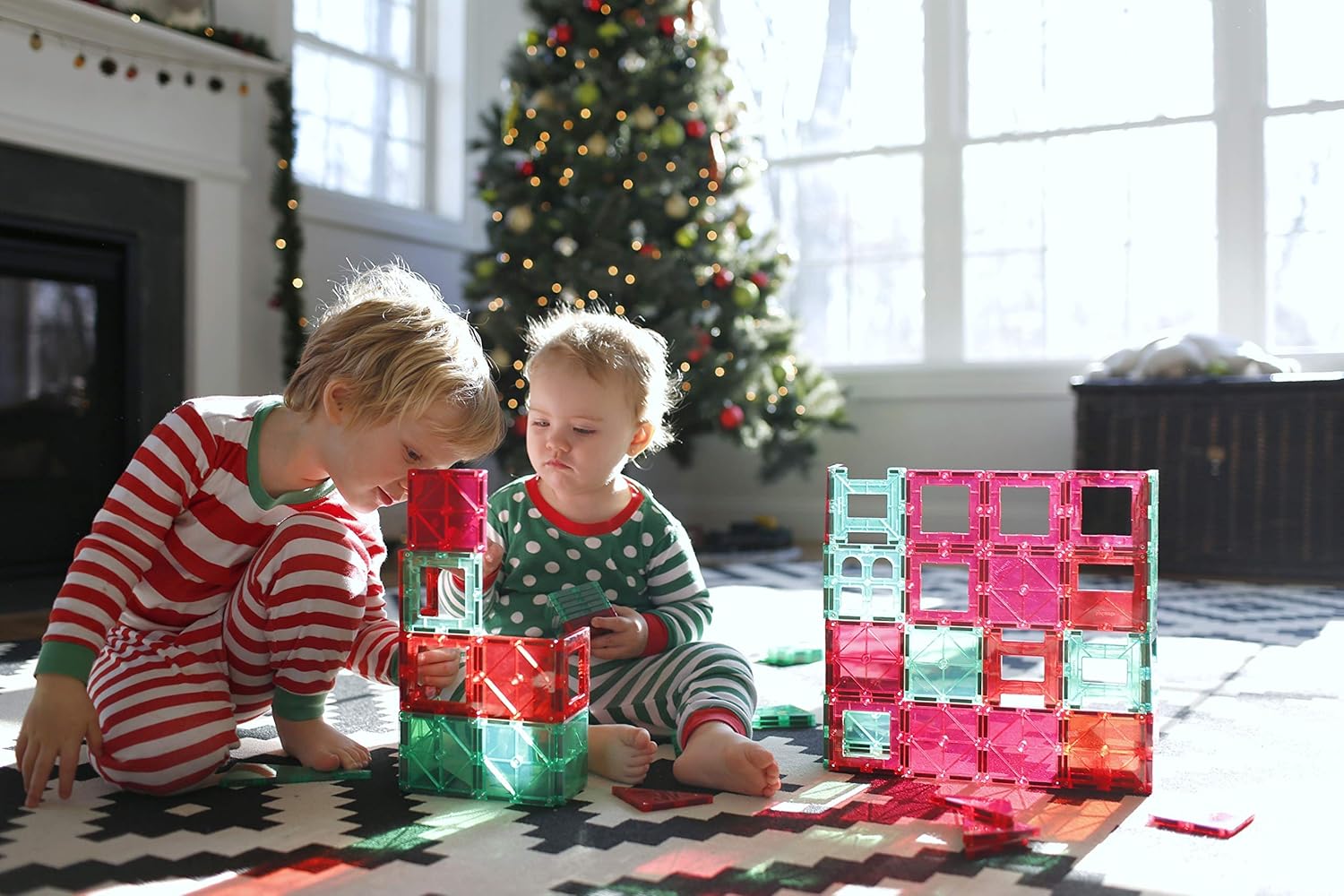 Award Winning Playmags Clear Colors Magnetic Tiles Building Set 50 + 6 Pc Set with Car - STEM Magnetic Toys Develop Motor Skills & Creativity, Colorful, Durable Magnet Building (56 Pc Set)