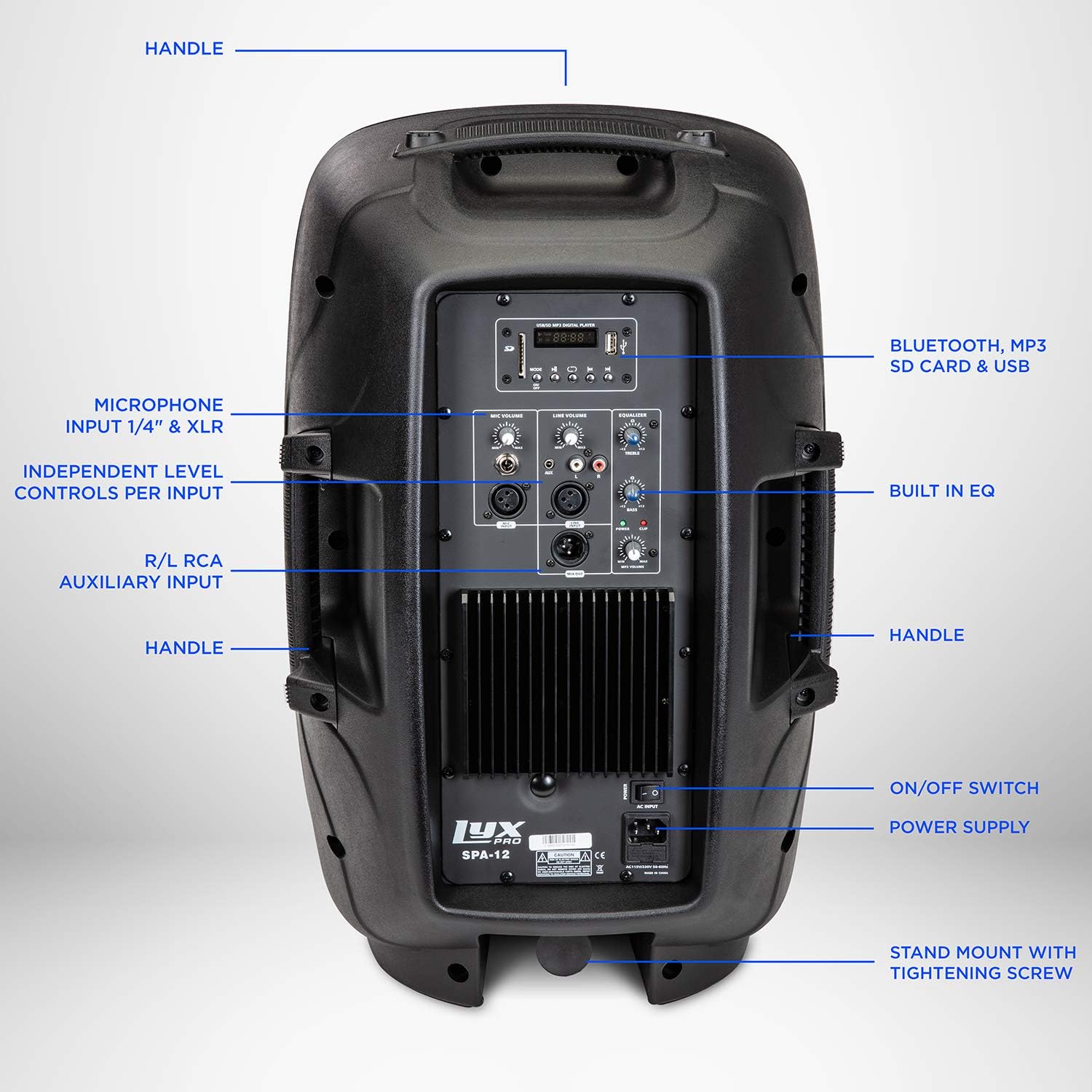 LyxPro SPA15 15 Portable PA Speaker System With Metal Tripod Stand Combo Kit Power Active Power Amplifier Equalizer Bluetooth SD Slot USB MP3 XLR 1/4 1/8 3.5mm Inputs Remote Control Carry Handles