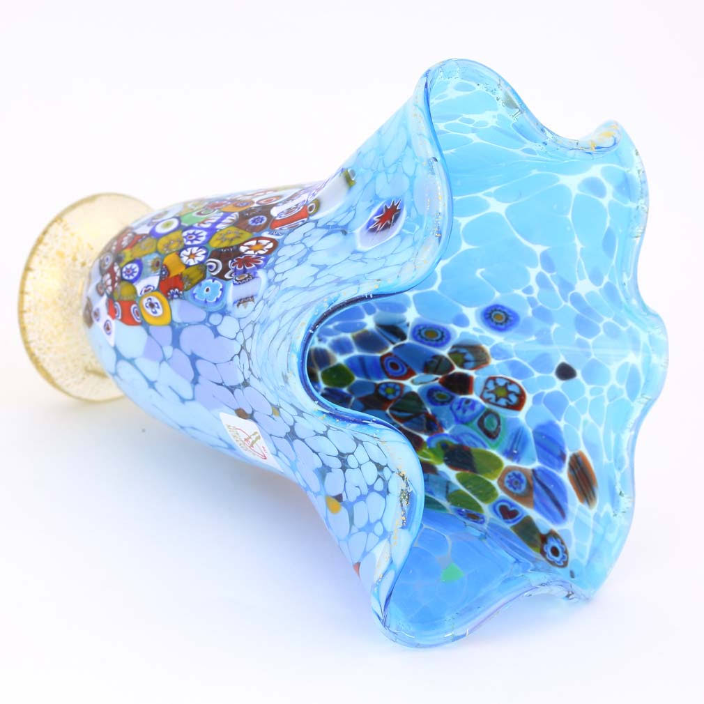 Murano Glass Millefiori Fazzoletto Vase - Aqua
