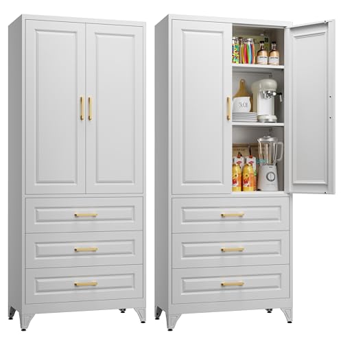 71" Tall Metal Storage Cabinet, Kitchen Pantry Storage Cabinets with Doors and 4 Shelves, White Pantry Cabinet, Utility Kitchen Cupboard, Large Steel Cabinets for Dining Room, Office, Living Room