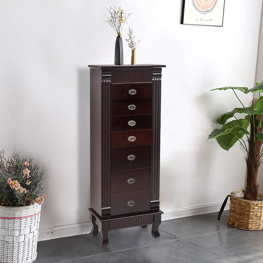 Standing Jewelry Armoire Cabinet,Jewellery Box Organizer Storage Chest with 7 Drawers,2 Swing Doors,16 Necklace Hooks,Brown