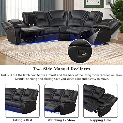 PU Leather Living Room Set Manual Reclining Sectional Sofa w/Infinite Lounge&Metal Frame for Home Office,Multi-functional Leisure Sofa Recliner Couch w/LED,Cup Holders&Hidden Arm Storage for 6 (Brown)