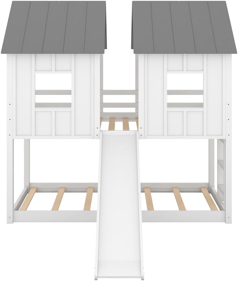 Twin Over Twin House Bunk Bed with Slide and Windows,White 2-Numbers of Package Pine Wood+MDF 14/7pcs 77.4" L*41.9" W*80" H 155Lb GX000920AAK-1
