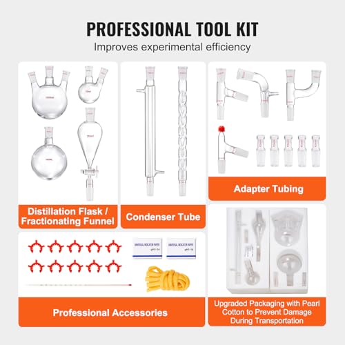 VEVOR New Laboratory Glassware 24/40 Chemistry Glassware 29PCS Chemistry Lab Glassware Kit 250 1000ml for Distillations Separation Purification Synthesis 24/40 29PCS