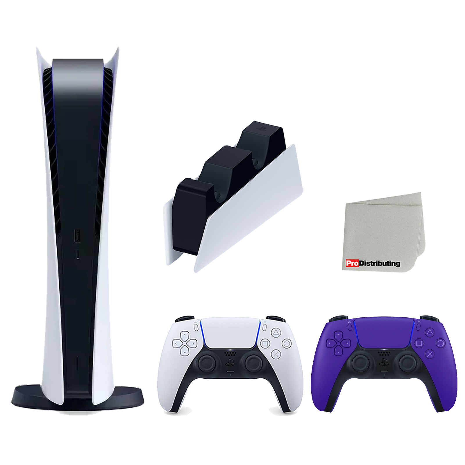 Sony Playstation 5 Digital Edition Console (Japan Import) with Extra Purple Controller and DualSense Charging Station Bundle with Cleaning Cloth