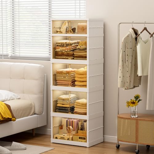 Collapsible Storage Bins with Wheels, 108 Gal Foldable Closet Organizers and Storage, Plastic Storage Cabinet with Door, 5 Tier Storage Containers for Kitchen Office Bedroom, White