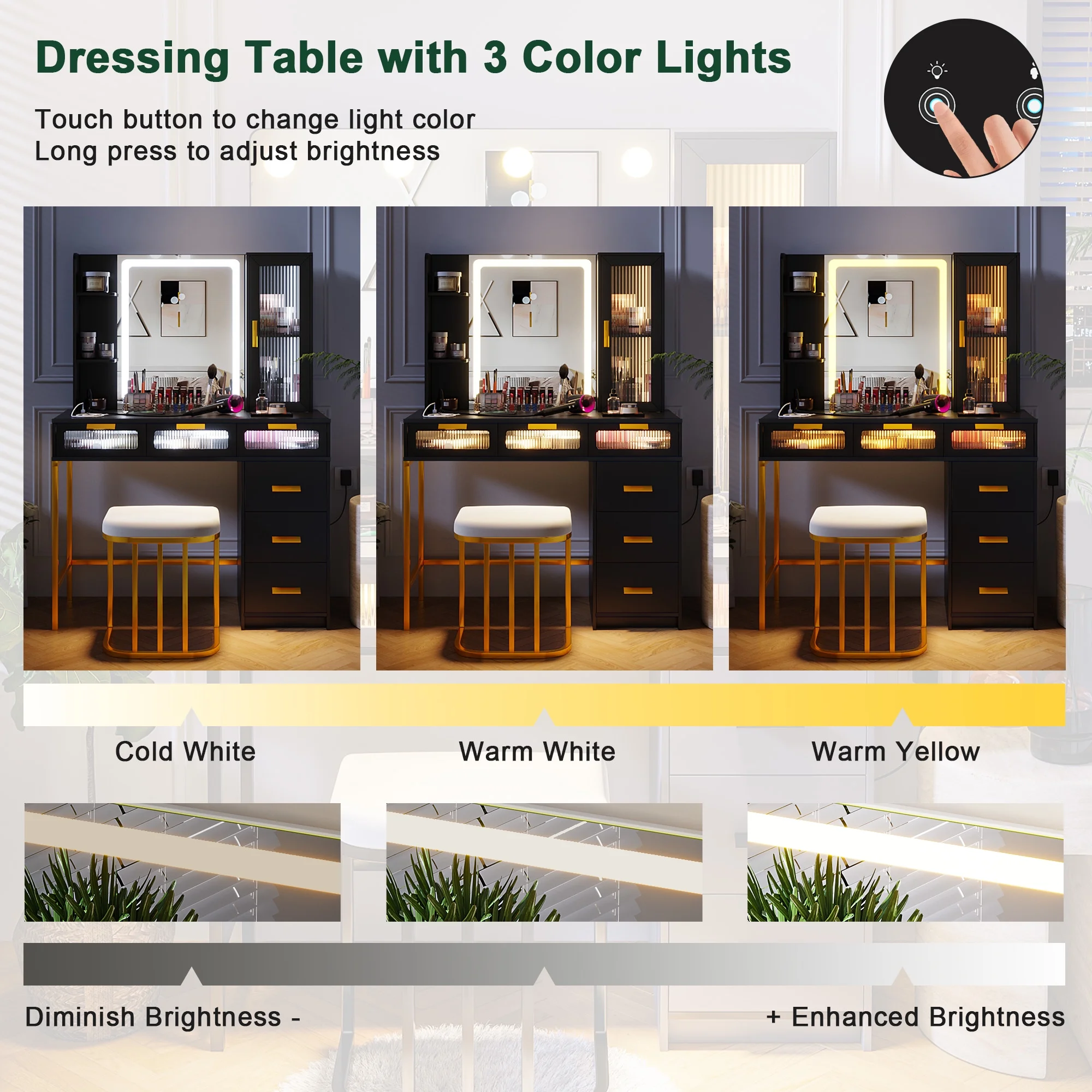 HNEBC Makeup Vanity with Lights, Vanity Table Set with LED Mirror, Vanitys with 6 Drawers/Stool, Vanity Makeup Desk with Charging Station, With Senser Mode Dressing Table as Gifts for Women