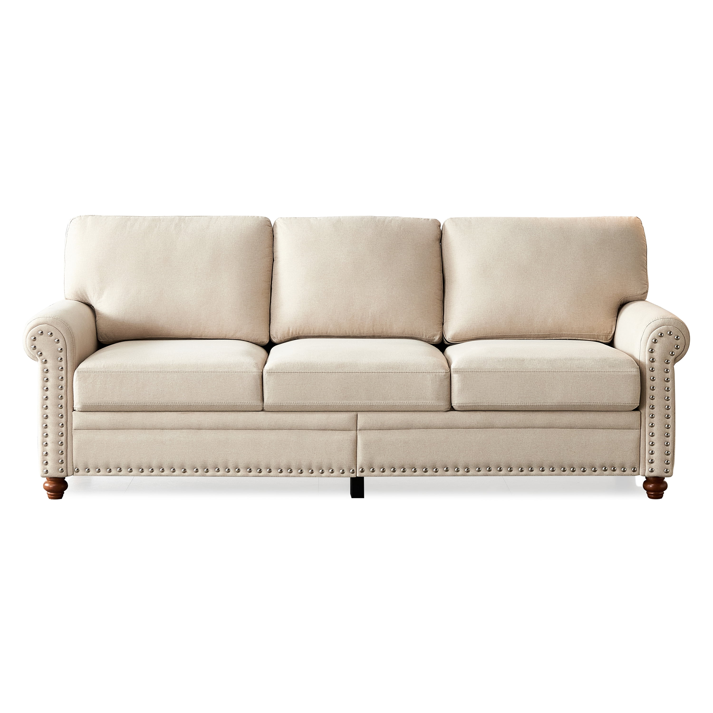 Modern 3 Seater Upholstered Sofa, 100% Polyester Soft Couch with Storage Removable Cushions Solid Wood Legs and Nailhead Trim for Living Room Bedroom Office