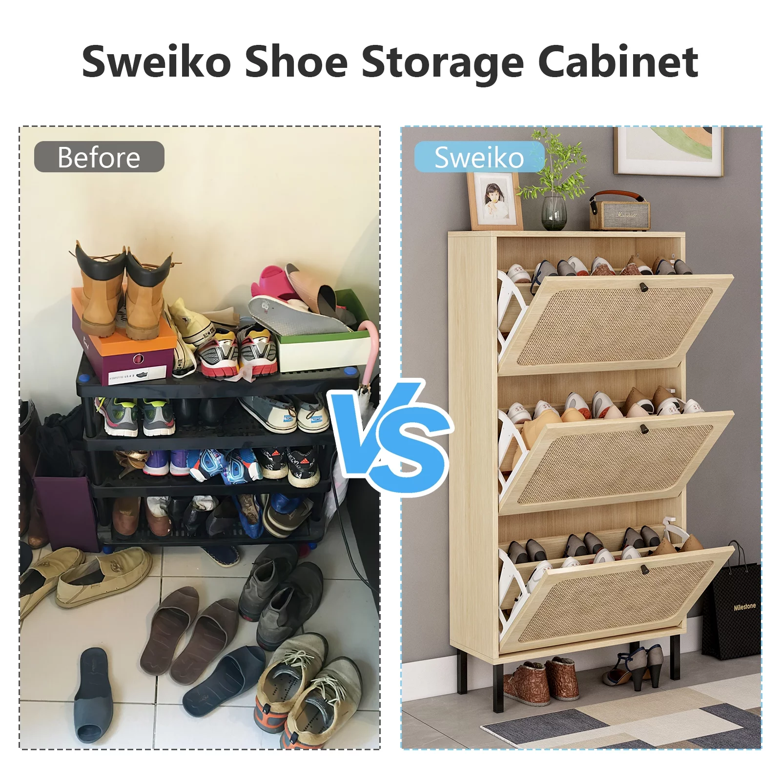 Sweiko Wooden Shoe Storage Cabinet with 3 Flip Drawers for Entryway Store 18 Pairs Natural Rattan