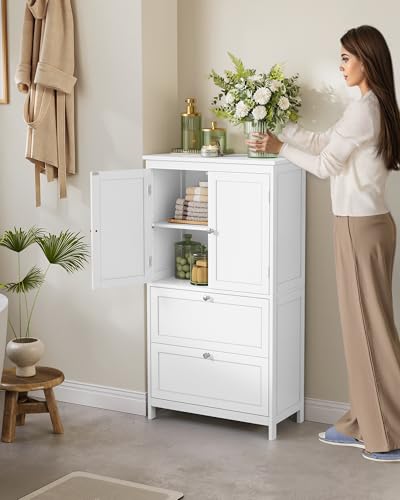 VASAGLE Bathroom Floor Storage Cabinet, Bathroom Storage Unit, Freestanding Cabinet with 4 Doors, Adjustable Shelves, 11.8 x 23.6 x 43.3 Inches, Forest Green UBBC552C01